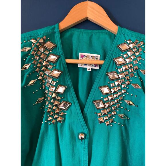 VINTAGE 80'S SILVER EMBELLISHED BUTTON-UP GREEN SHIRT - Picture 2 of 8